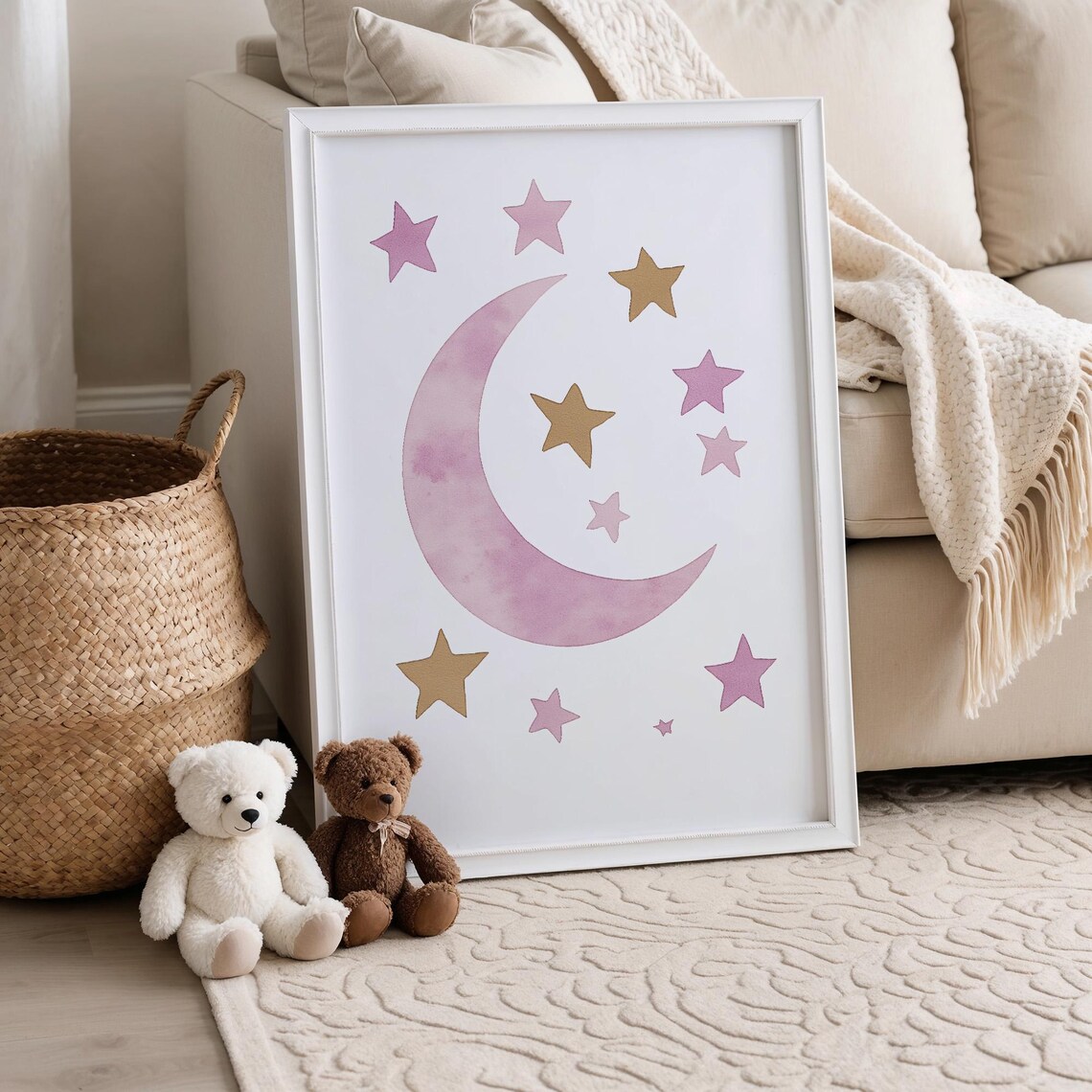 Dreamy Pink Moon and Stars Watercolor Nursery Kids Room Poster - Image 5