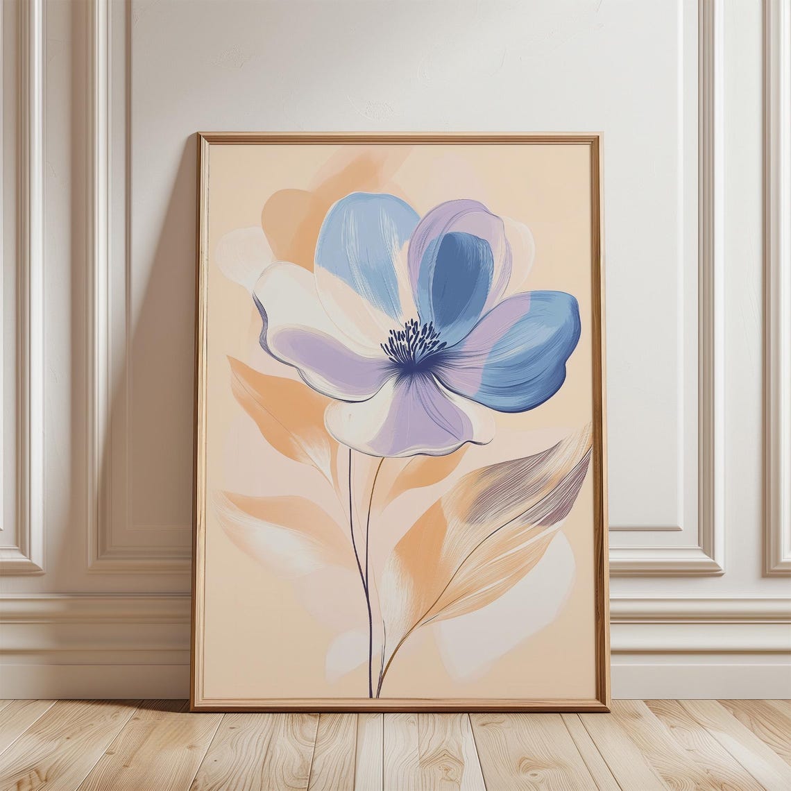 Large Blue Flower Botanical Illustration on Peach Background Poster
