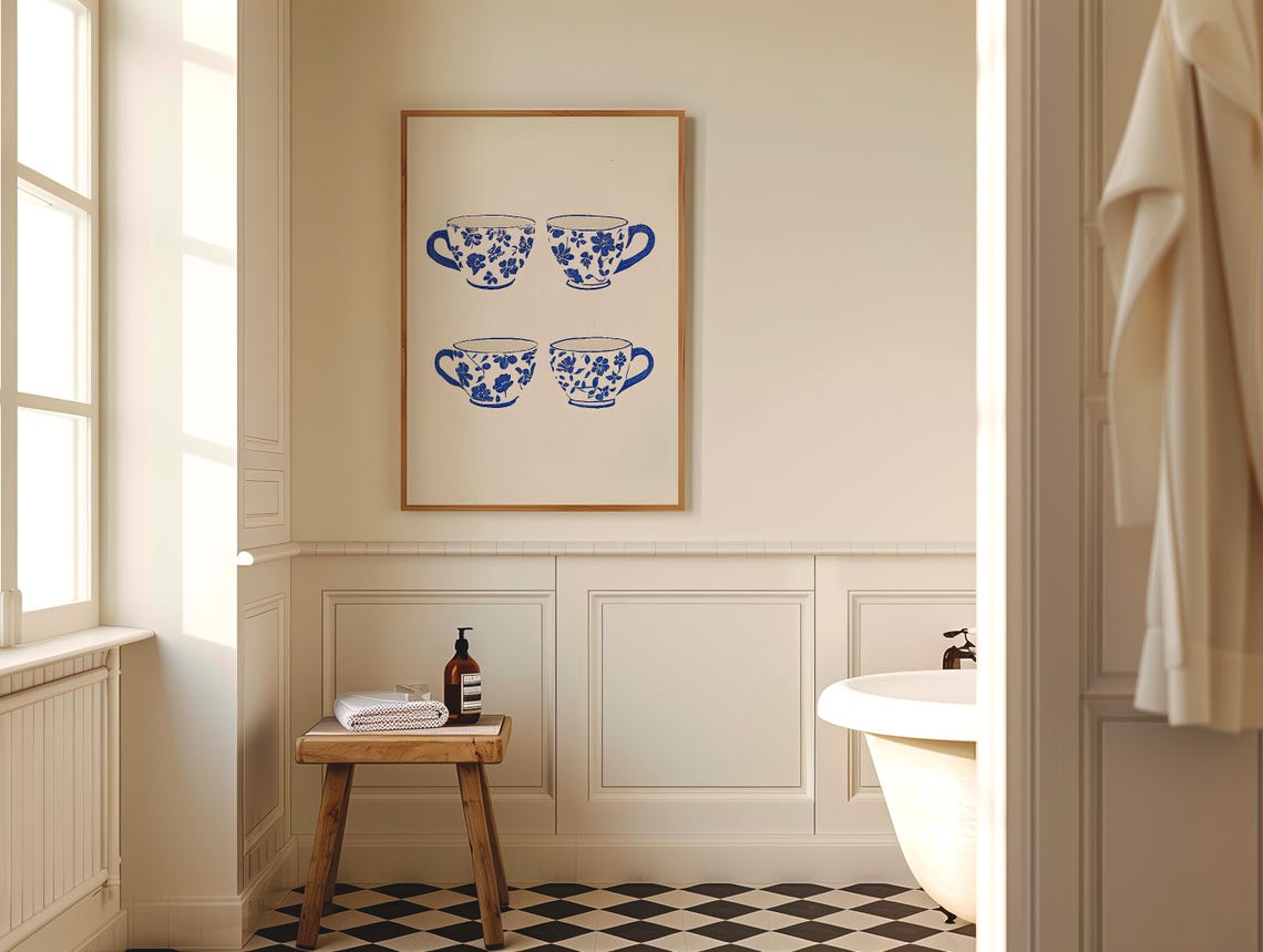 Four Blue Floral Teacups Chinoiserie Kitchen Art Wall Poster - Image 4