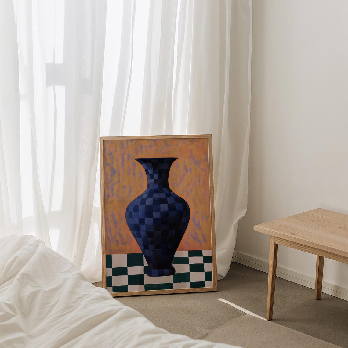 Blue Checkered Vase Still Life Orange Ground Art Wall Poster - Image 5