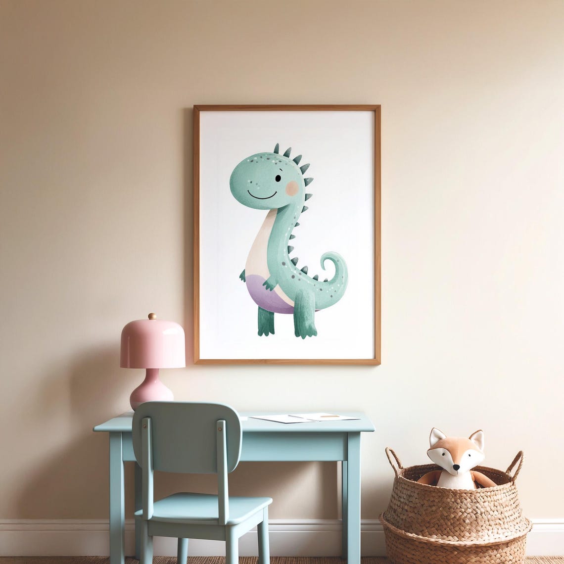 Happy Smiling Green Baby Dinosaur Cute Nursery Dinosaur Poster - Image 3