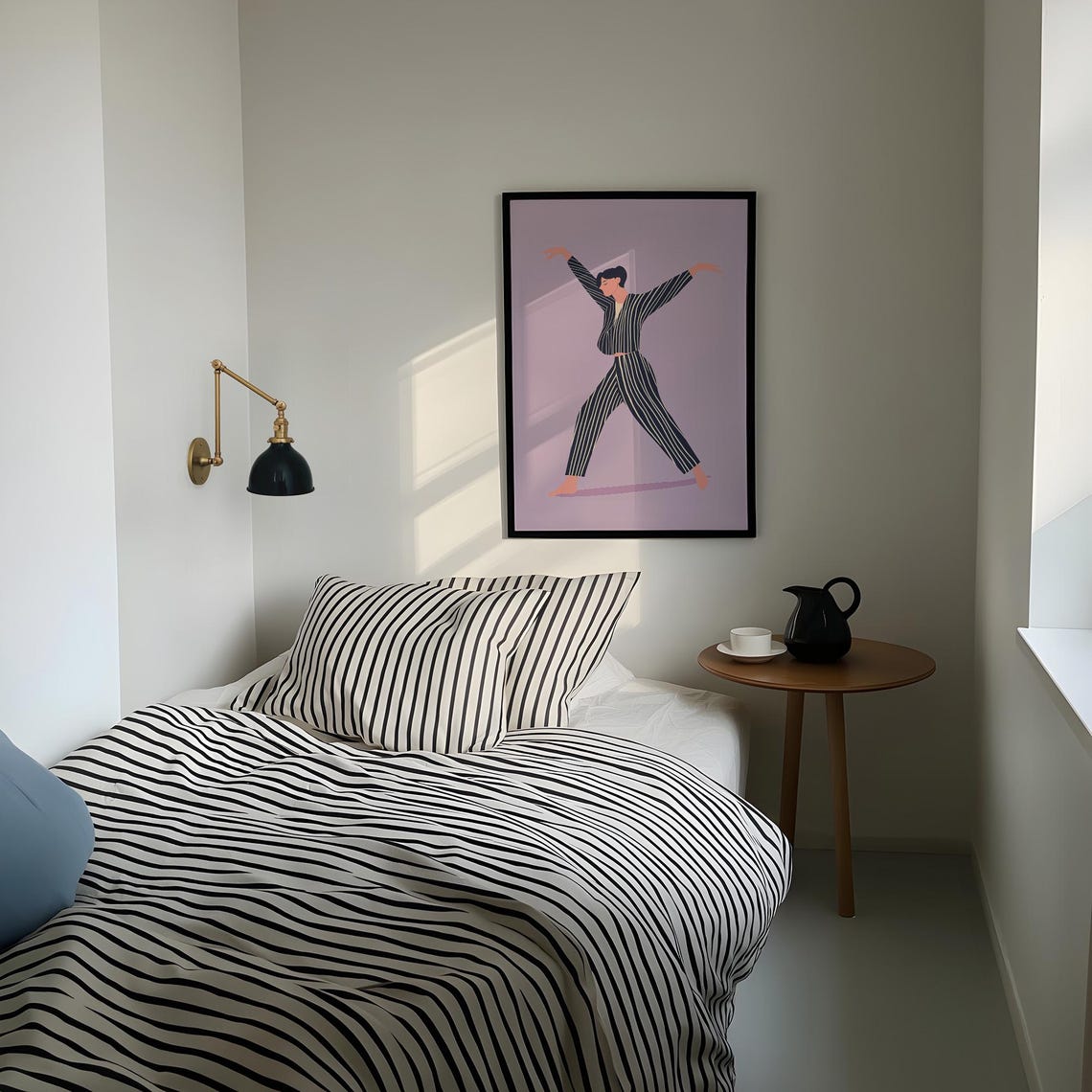 Modern Dancer in Black Pinstripe Suit on Soft Lavender Poster - Image 3