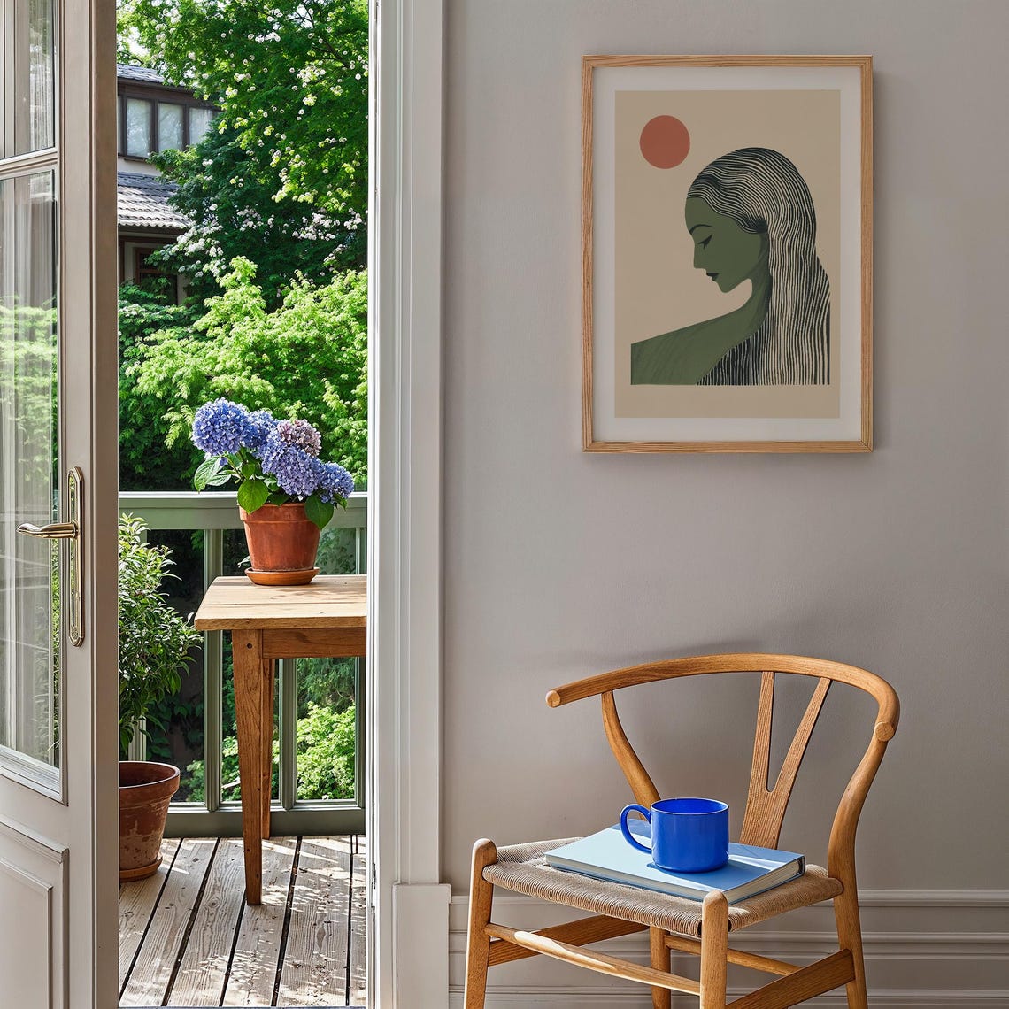 Serene Japandi Woman Profile Green Line Art Japanese Sun Poster - Image 2