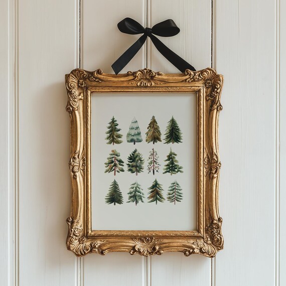Minimalist Watercolor Pine Tree Grid Gold Frame Christmas Poster