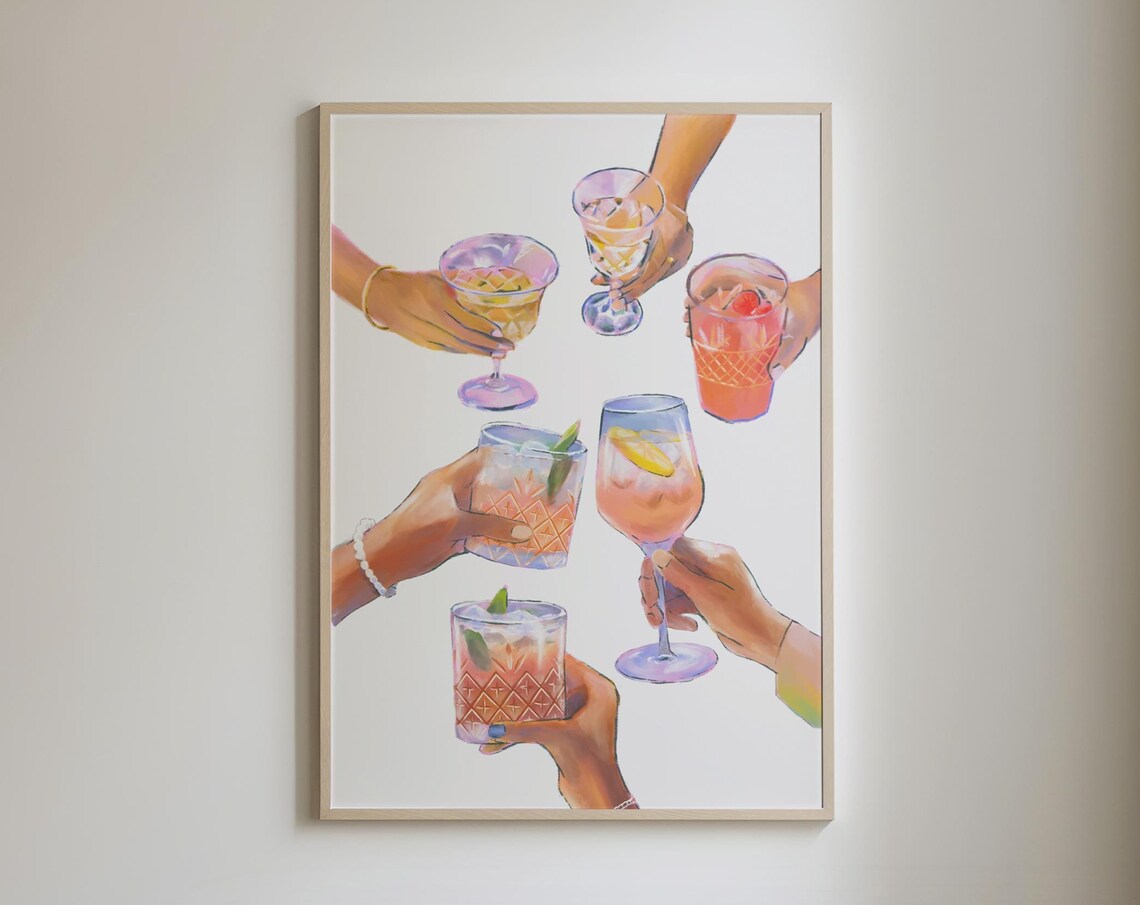 Cheers Watercolor Cocktail Glasses Raised Toast Retro Bar Cart Poster