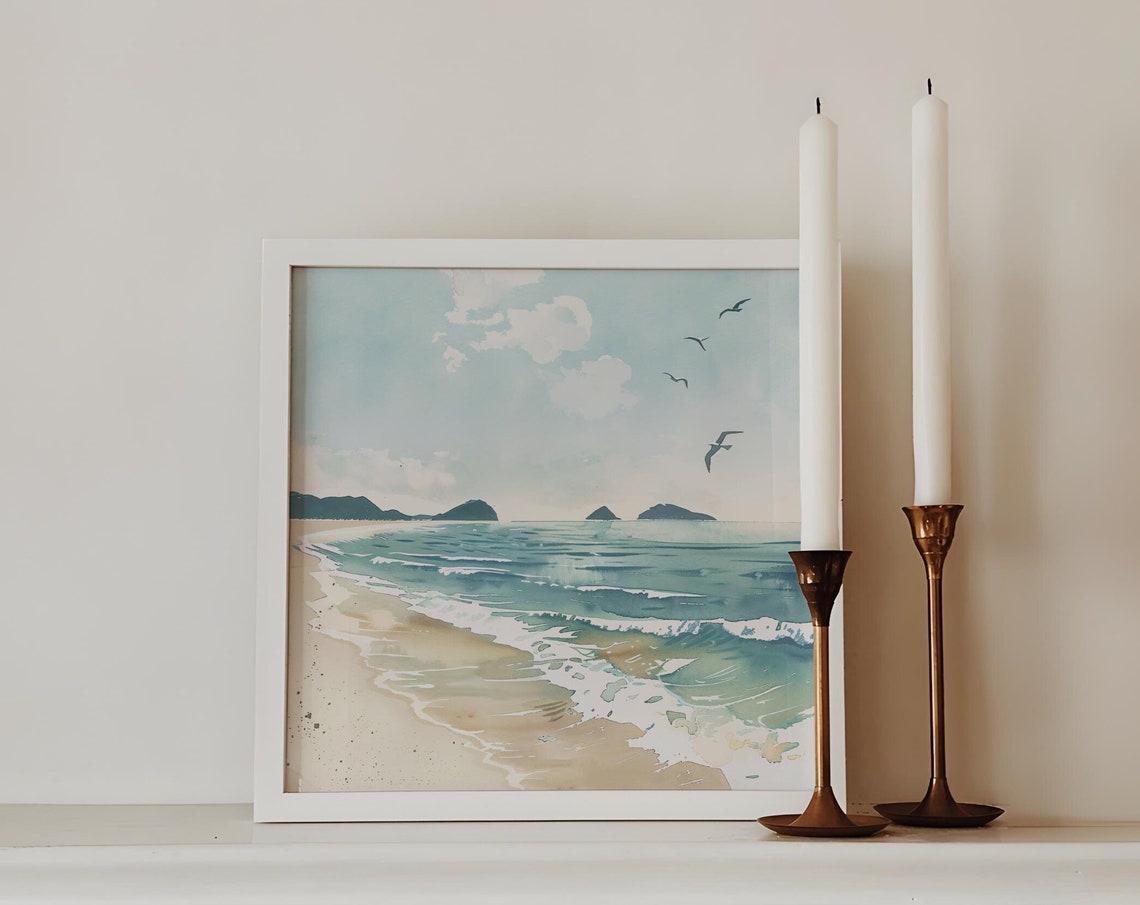 Soft Neutral Beach Shoreline With Distant Islands Watercolor Poster
