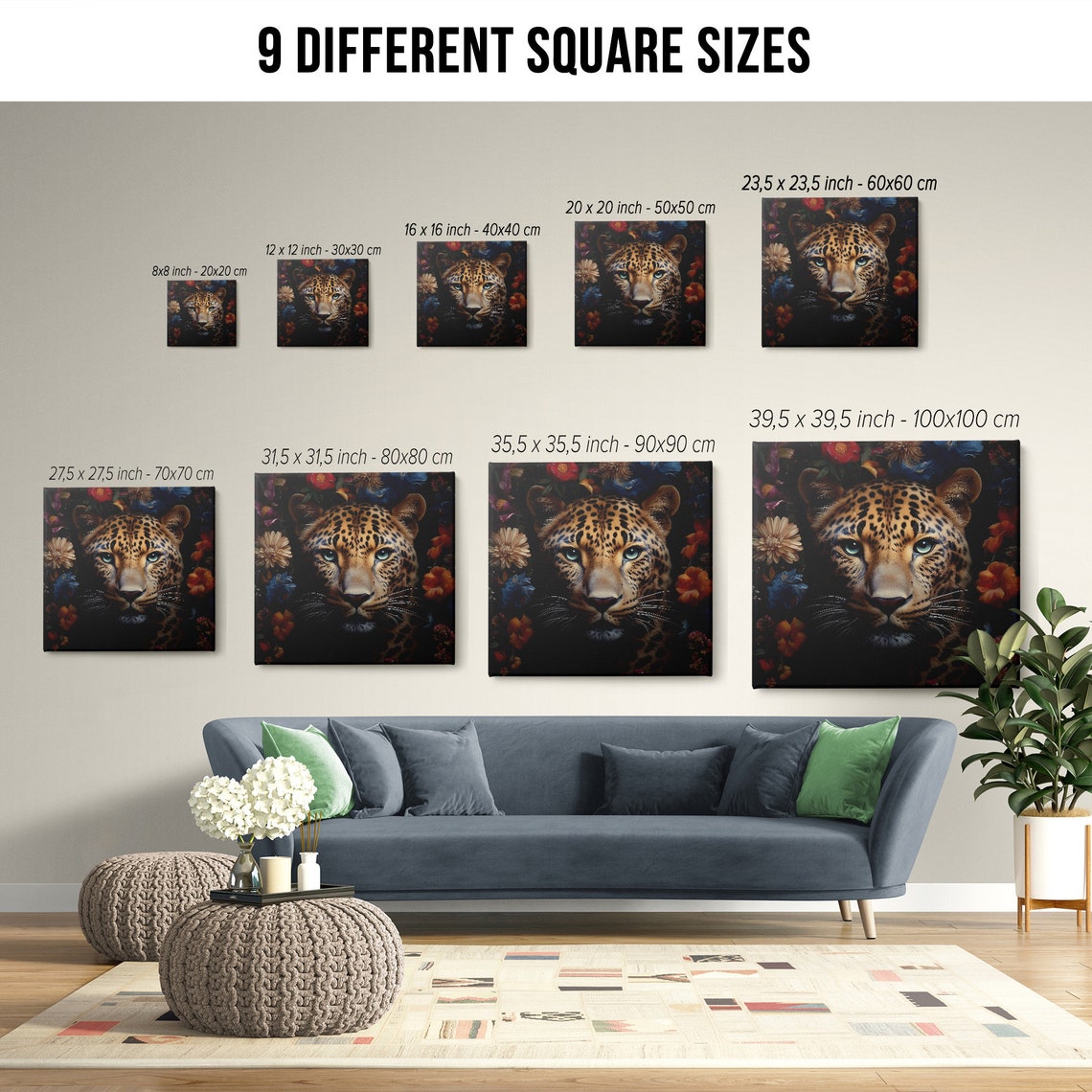 Leopard Portrait Colorful Flowers Dark Background Wildlife Wall Art - Image 2