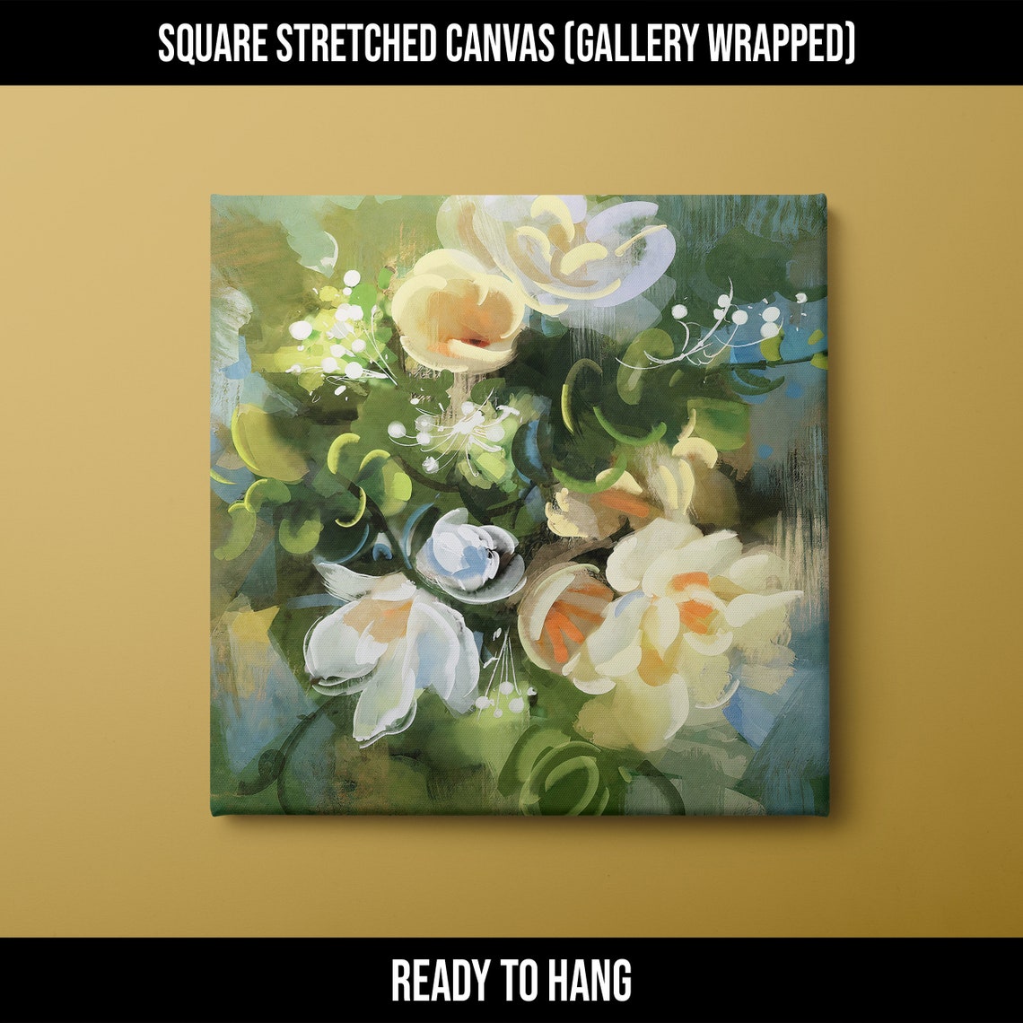 Abstract Green Cream Floral Bouquet Impasto Modern Canvas Wall Art - Image 2