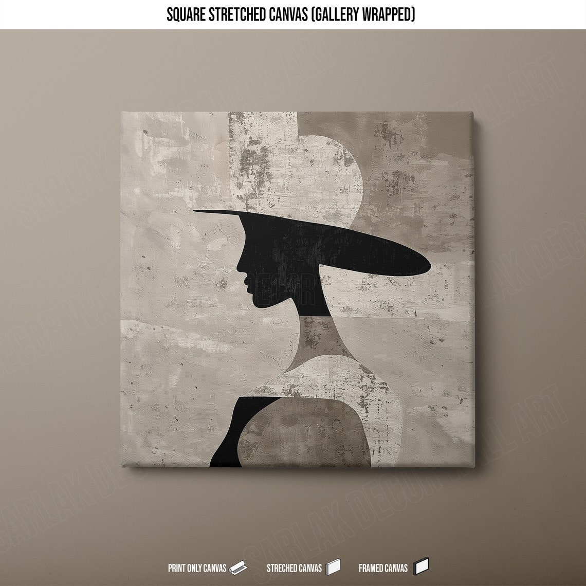 Woman Silhouette Wide Brim Hat Minimalist Beige Abstract Art Print - Image 2