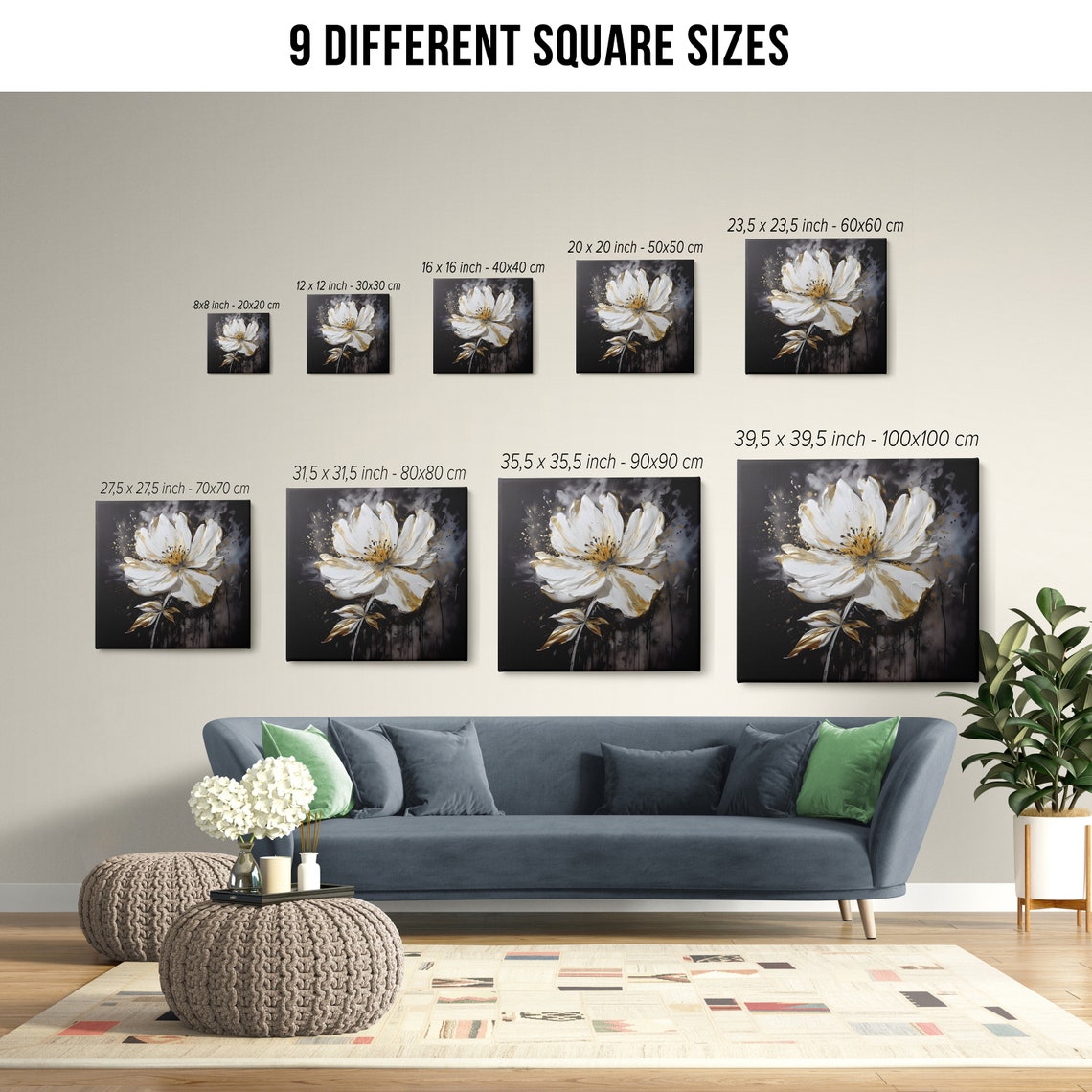 White Bloom Gold Leaf Accents Black Background Palette Knife Wall Art - Image 2