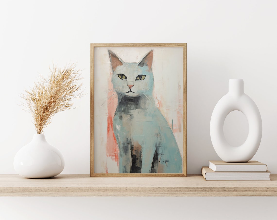 Minimalist Gray Cat Portrait Against a Soft Pink Background Poster - Image 3