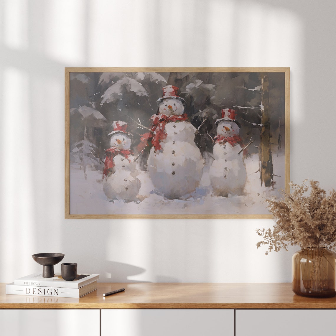 Three Happy Snowmen with Red Scarves in a Snowy Forest Poster - Image 3