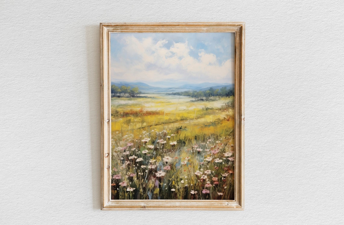 Pink Wildflowers Golden Meadow Mountain Clouds Summer Landscape Poster