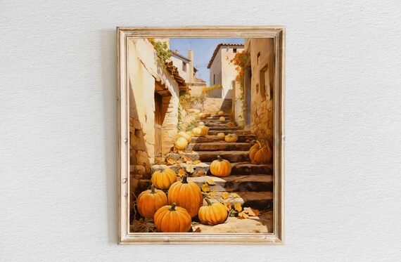 Pumpkin-Lined Village Staircase Mediterranean Autumn Fall Poster