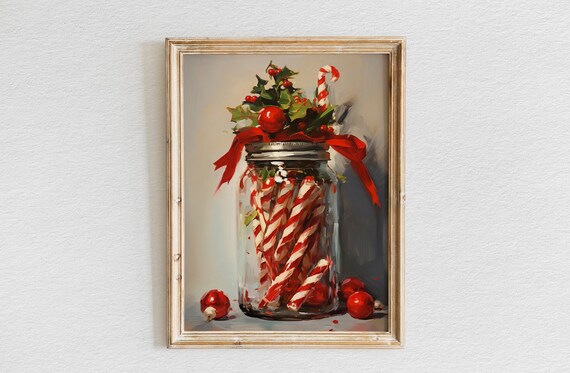 Striped Candy Canes in Glass Mason Jar with Holly and Red Ribbon Poster