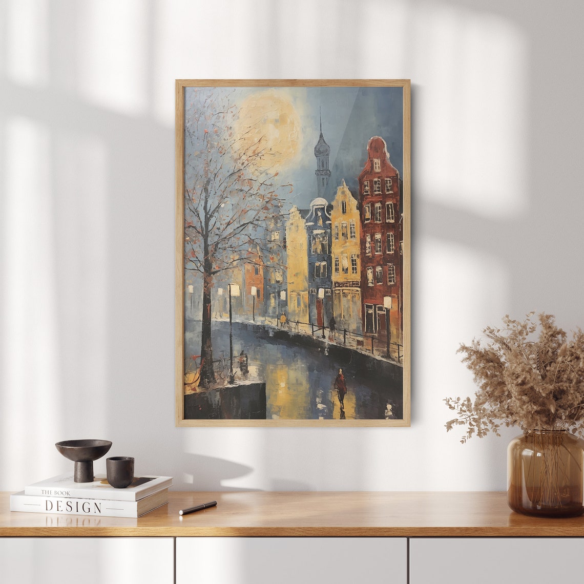 Amsterdam Canal on Winter Night Under Huge Full Moon City Art Poster - Image 2