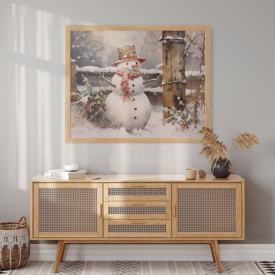 Snowman with Red Scarf and Top Hat Beside a Snowy Fence Poster - Image 2