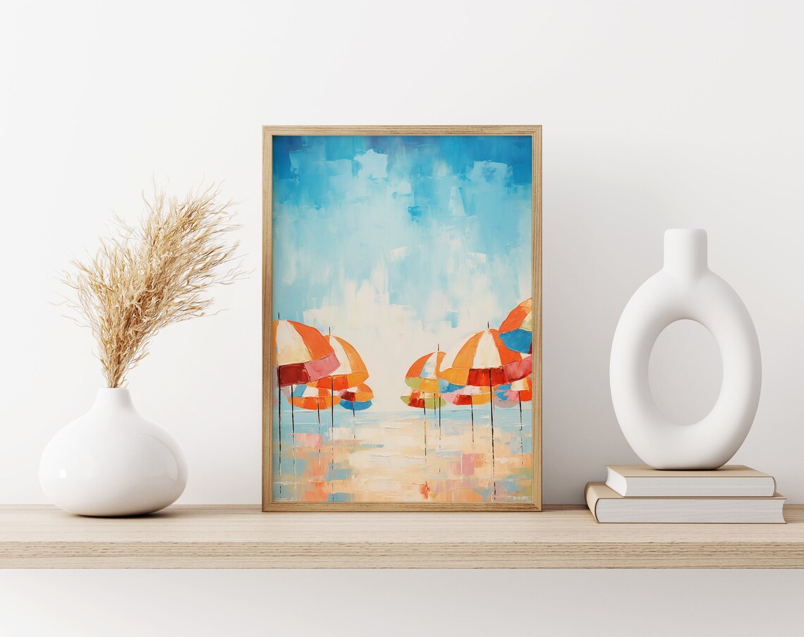Striped Beach Umbrellas Minimal Coastal Oil Painting Art Poster - Image 3