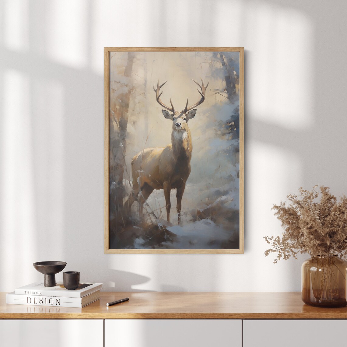 Majestic Stag with Antlers in Misty Snow Dusted Winter Forest Poster - Image 2