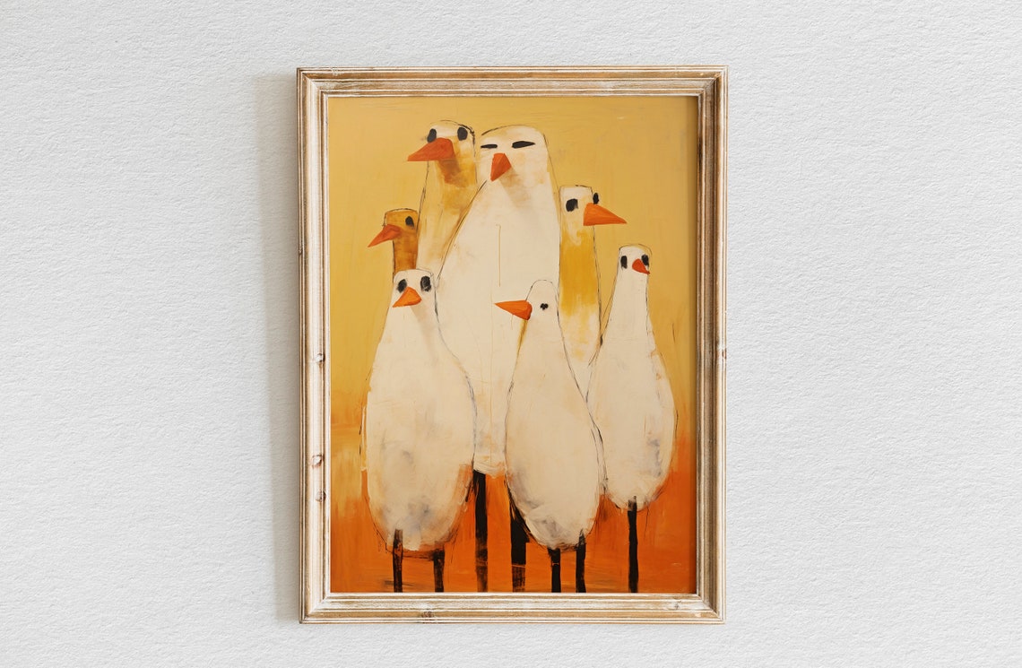 Group of Stylized White Chickens on Warm Yellow Background Poster