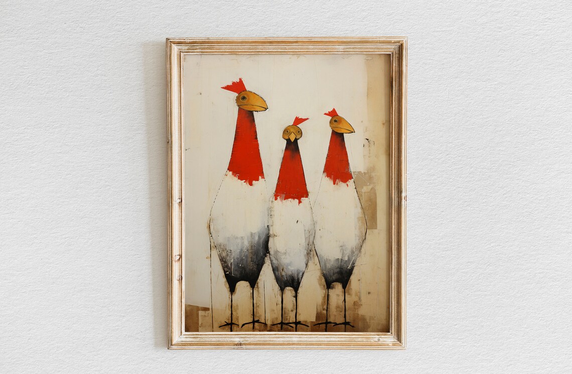Trio of Funny Chickens Quirky Farmhouse Hen Country Kitchen Poster