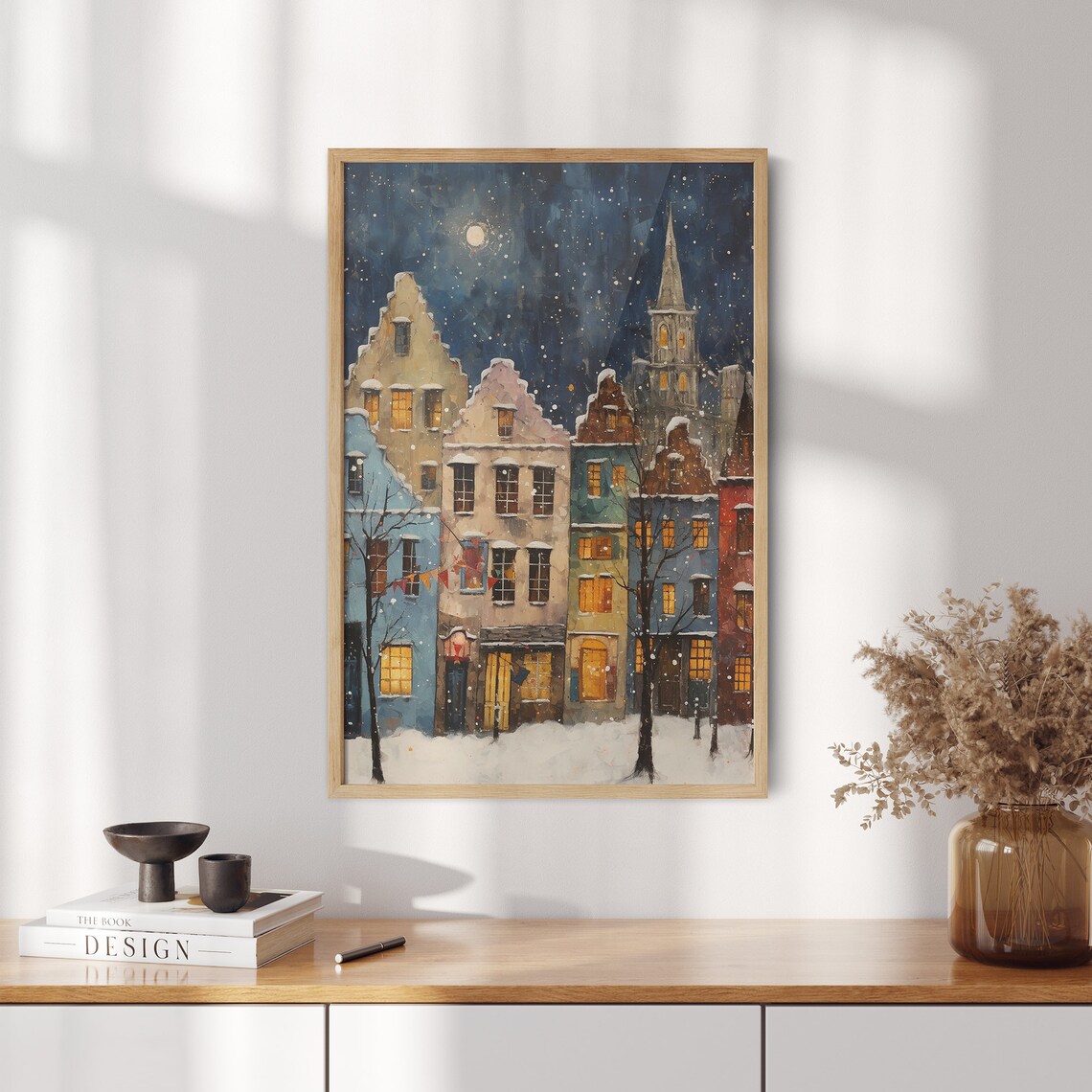 Charming European Old Town Street in Snow Under Starry Night Poster - Image 2