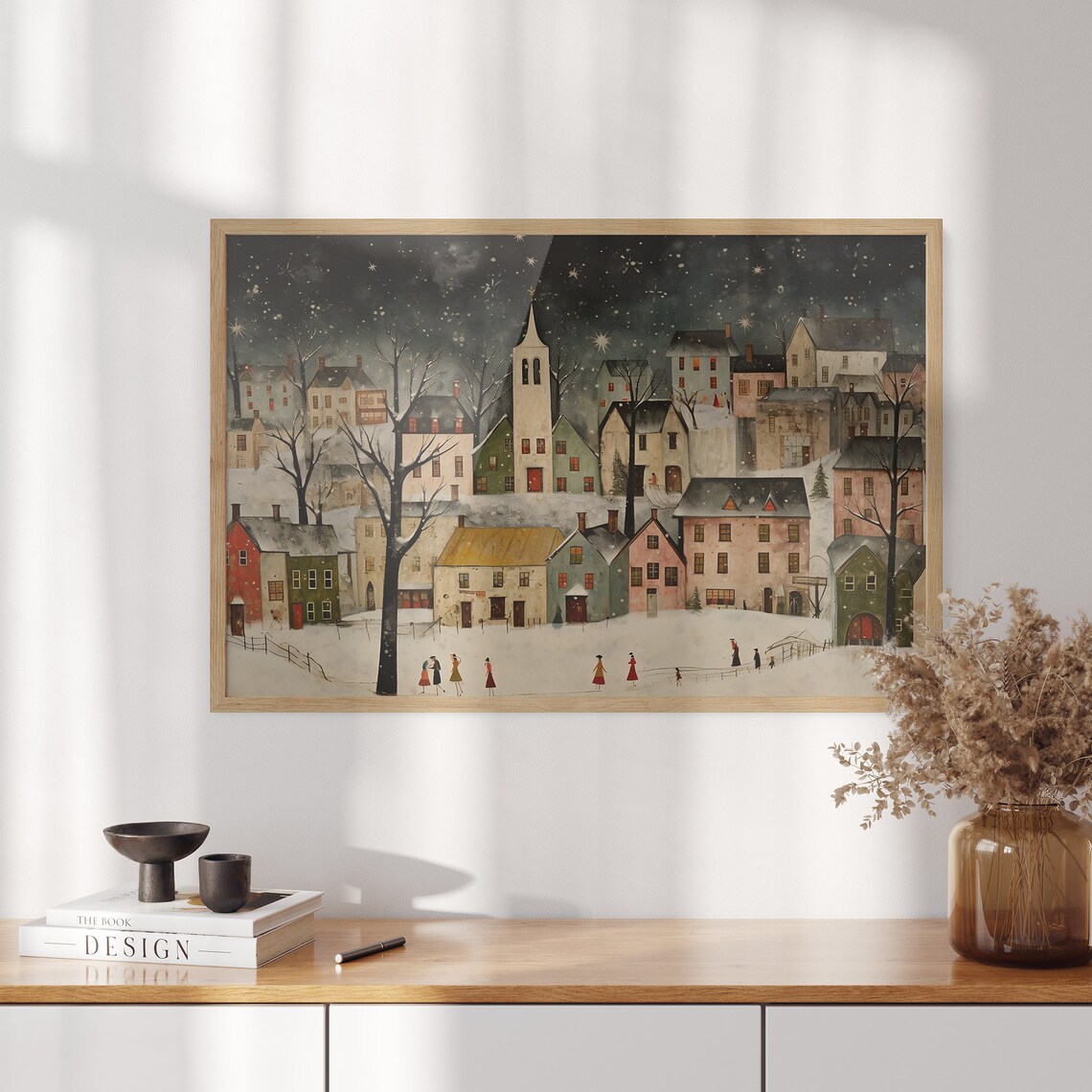 Starry Night Snowy Village Church Folk Art Christmas Scene Poster - Image 3