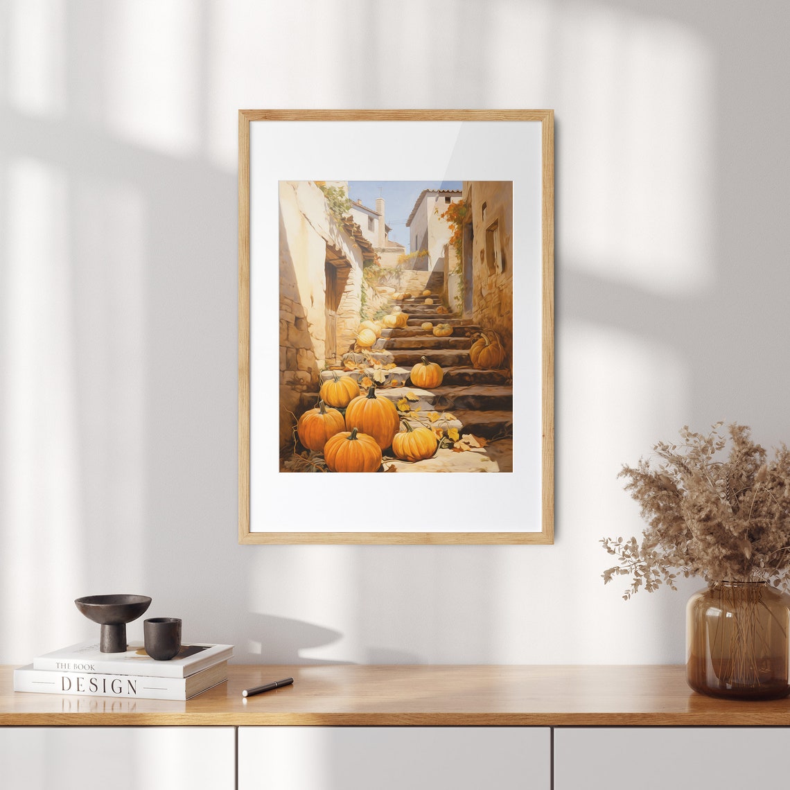 Pumpkin-Lined Village Staircase Mediterranean Autumn Fall Poster - Image 2