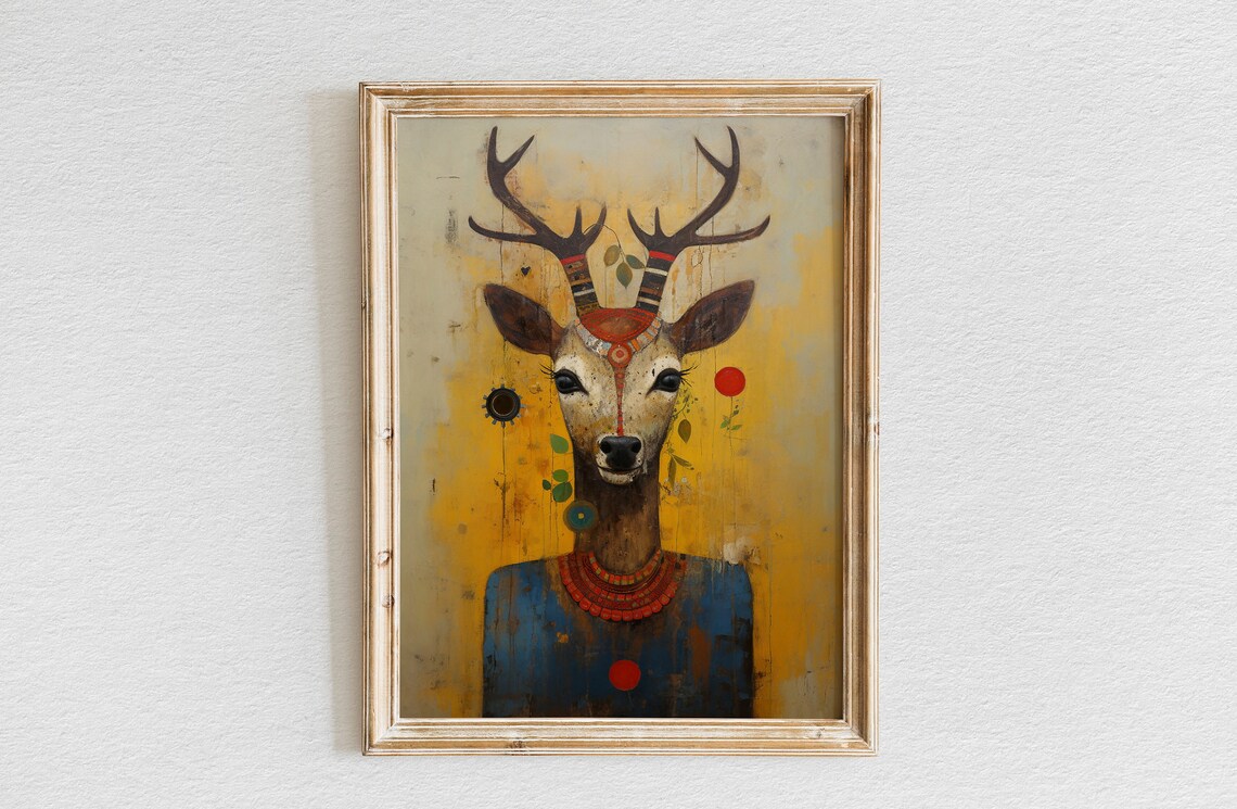 Folk Art Deer Portrait with Tribal Markings and Red Beaded Necklace Poster