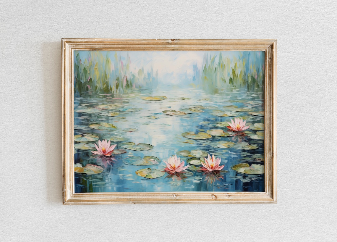 Pink Water Lilies Monet Style Impressionist Pond Painting Poster