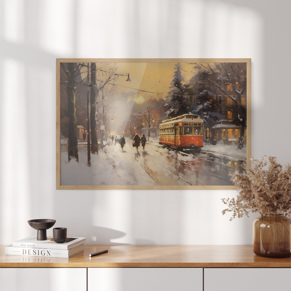 Vintage Red Trolley Snowy City Street Winter Evening Scene Poster - Image 3