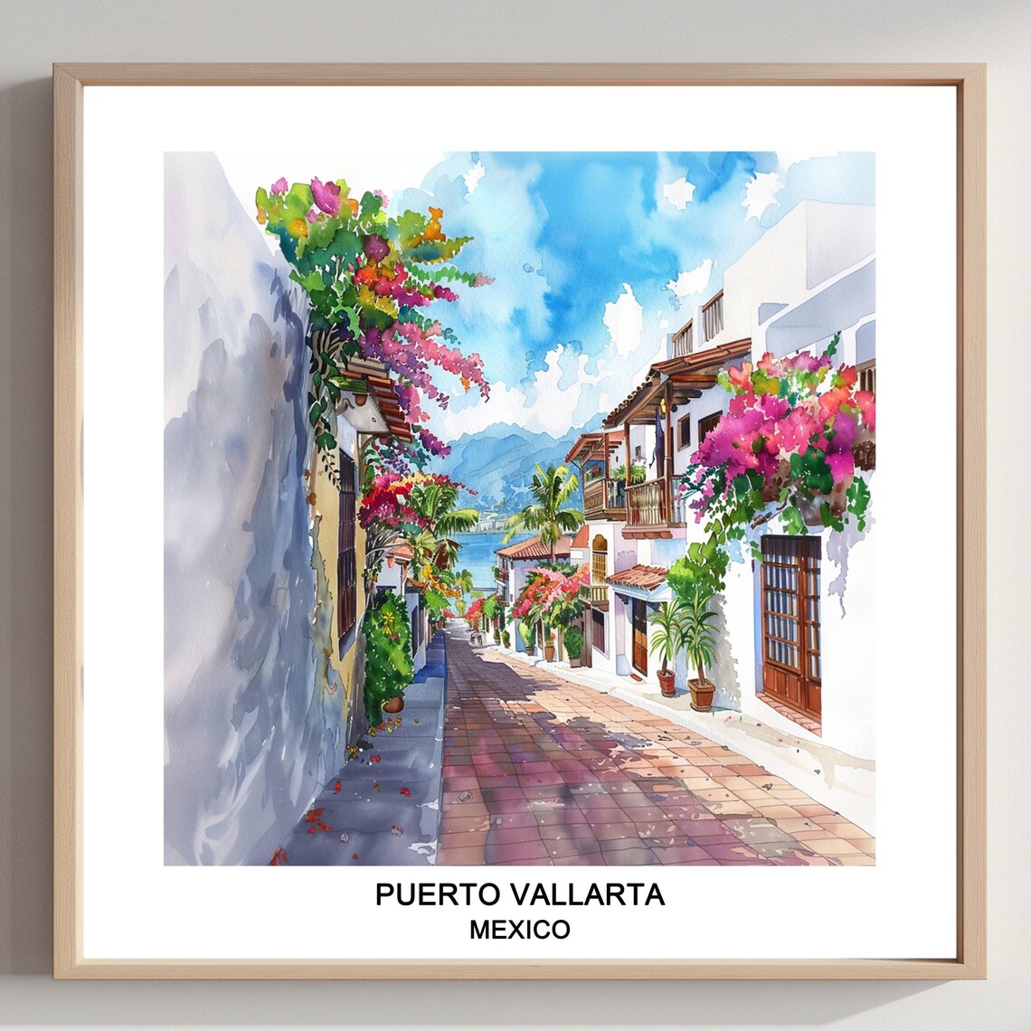 Puerto Vallarta Mexico Watercolor Bougainvillea Street Travel Poster