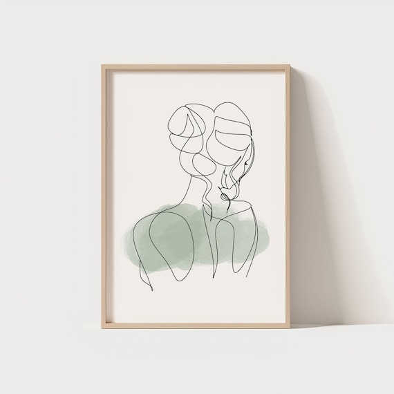 Minimalist Line Art Woman Portrait Sage Green Modern Wall Art