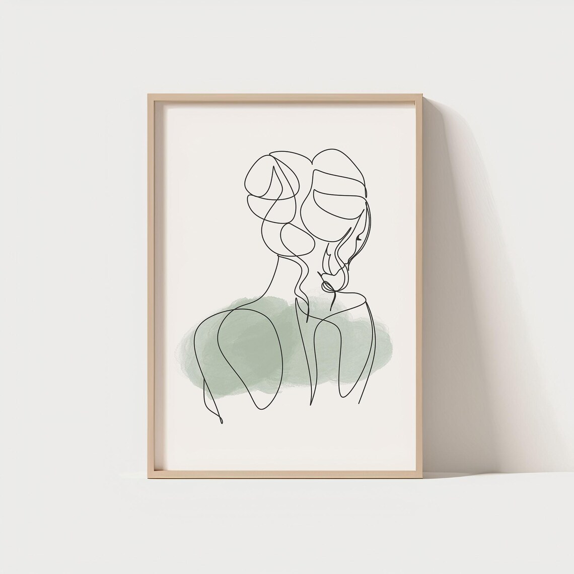 Minimalist Line Art Woman Portrait Sage Green Modern Wall Art