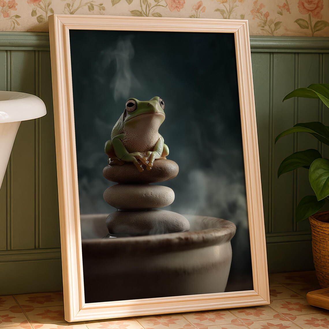 Zen Frog Bathroom Wall Art, Funny Restroom Decor