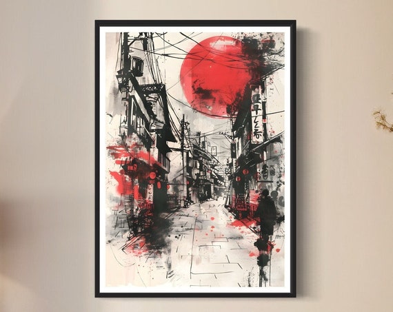 Japan Urban Scene Art Print Monochrome Acyclic Ink Design With A Bold Splash Of Red Minimalist Japan Decor Street Art Drawing Gift For Home