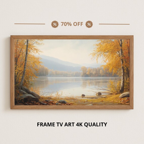 Golden Reflections On Fall Lake Autumn Shoreline Oil Painting Art Poster