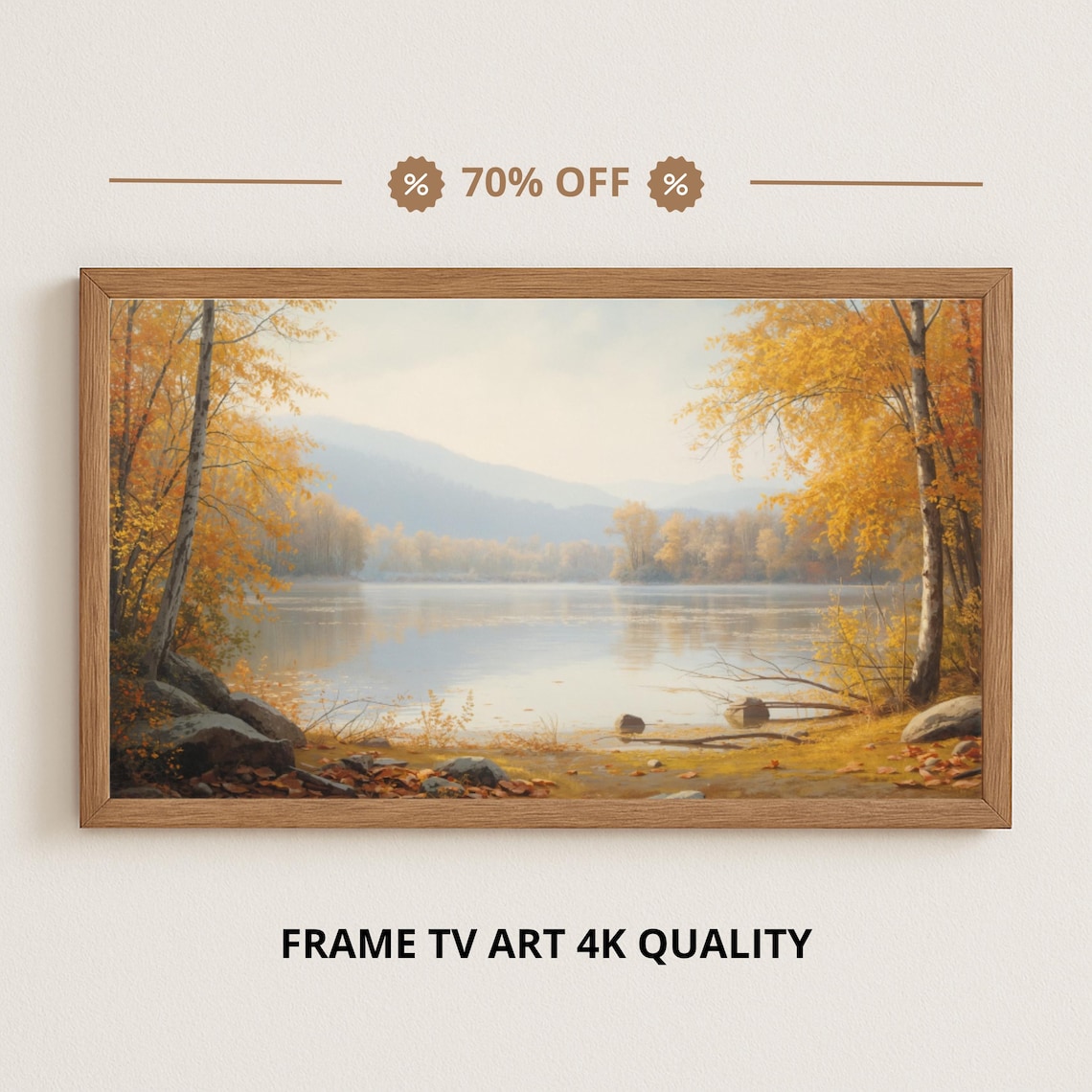 Golden Reflections On Fall Lake Autumn Shoreline Oil Painting Art Poster