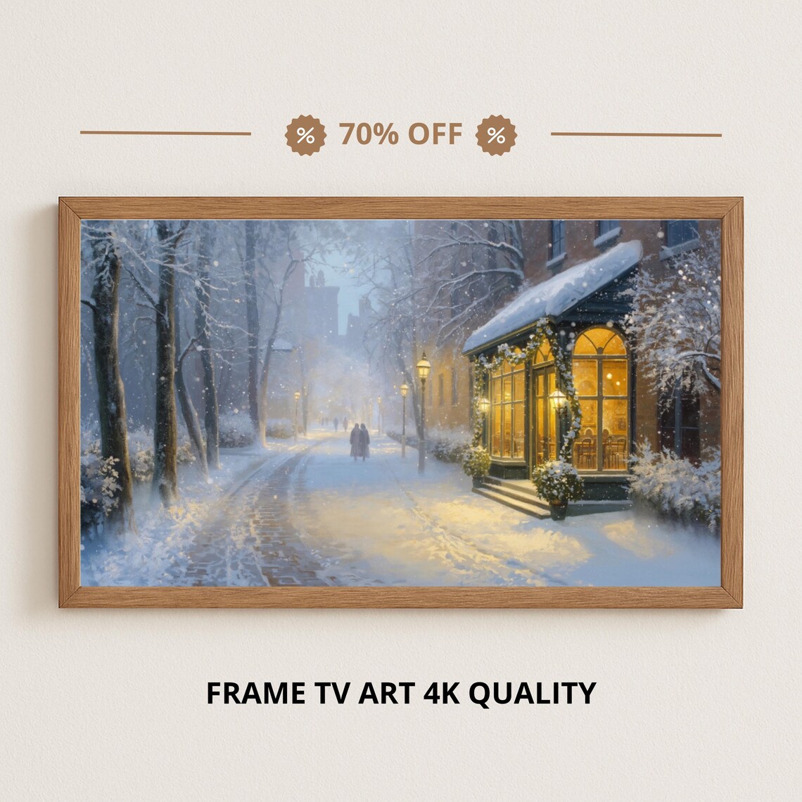 Golden Cafe On Snowy Winter Alley Glowing Windows Night Scene Art Poster