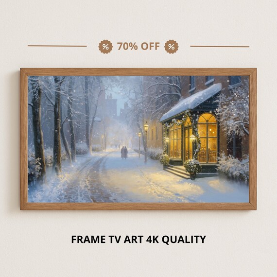 Golden Cafe On Snowy Winter Alley Glowing Windows Night Scene Art Poster