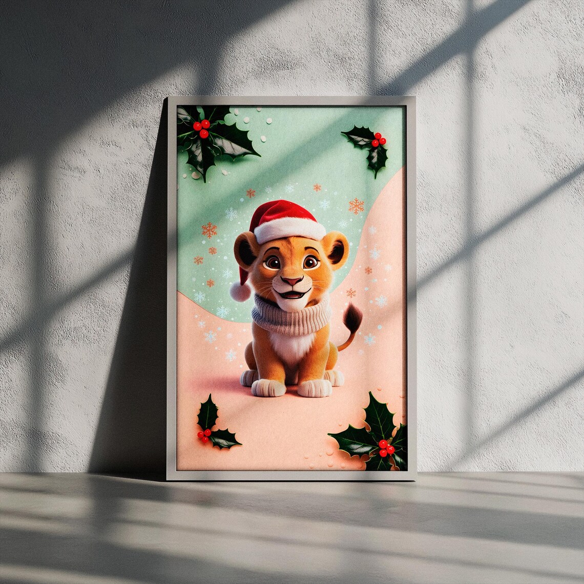 Baby Lion Cub in Santa Hat and Knit Scarf Holly Christmas Poster