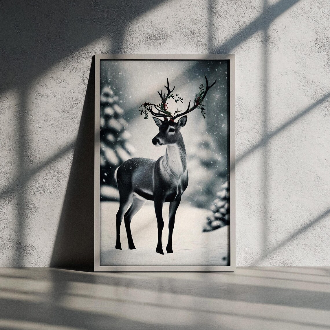Vintage Black and White Reindeer in Snowy Forest Winter Poster