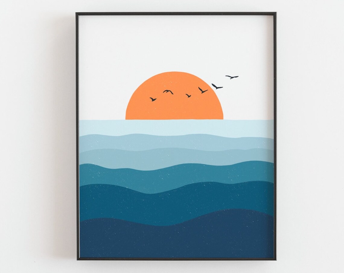 Ocean Sunset Poster, Minimalist Coastal Wall Art