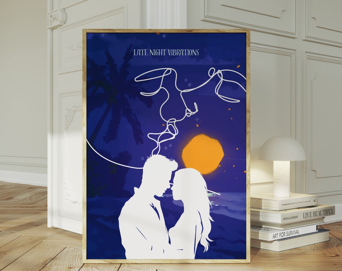 Late Night Vibrations Lovers Silhouette Moon Palm Tropical Poster
