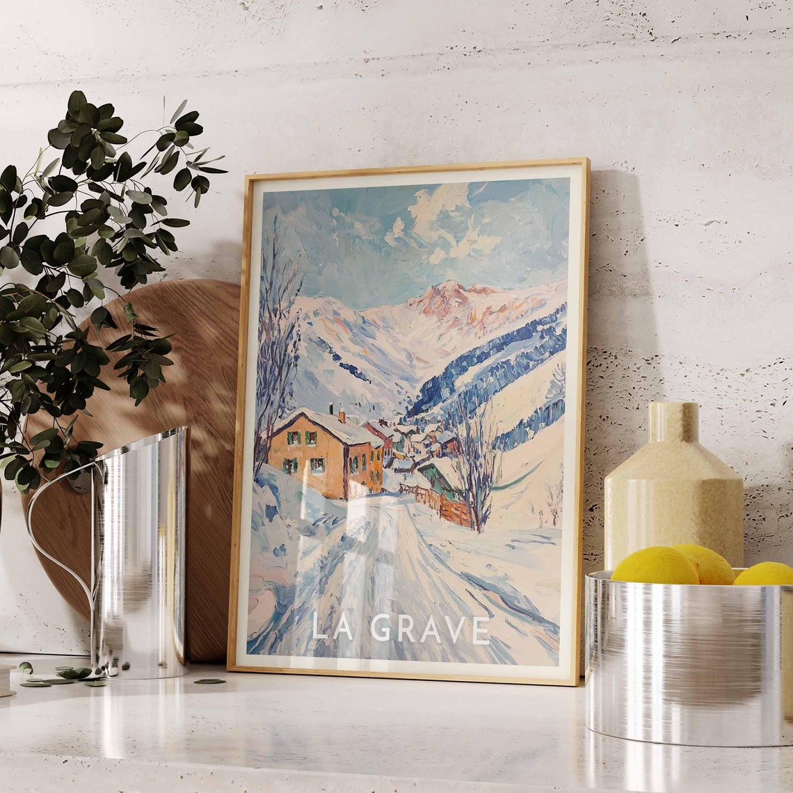 La Grave Alpine Chalet Poster with Snowy Road and Pink Peaks