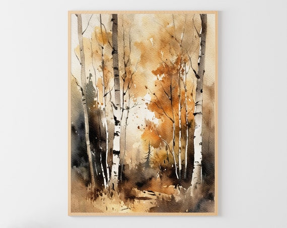 Birch Trees Watercolor Forest, Autumn Art Print