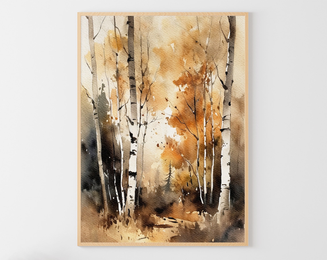 Birch Trees Watercolor Forest, Autumn Art Print