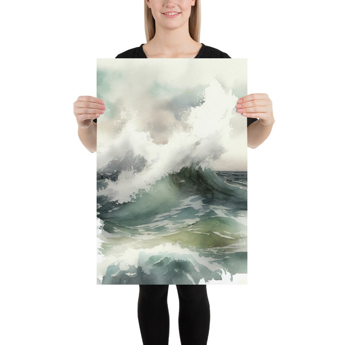 Sea Wave Watercolor Stormy Seascape, Nautical Art Print - Image 2