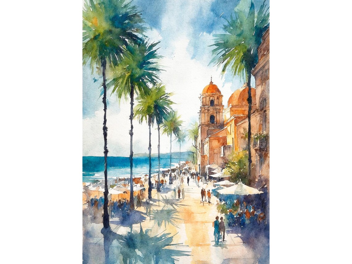 La Jolla California Palm Trees Ocean Waterfront Watercolor Travel Poster