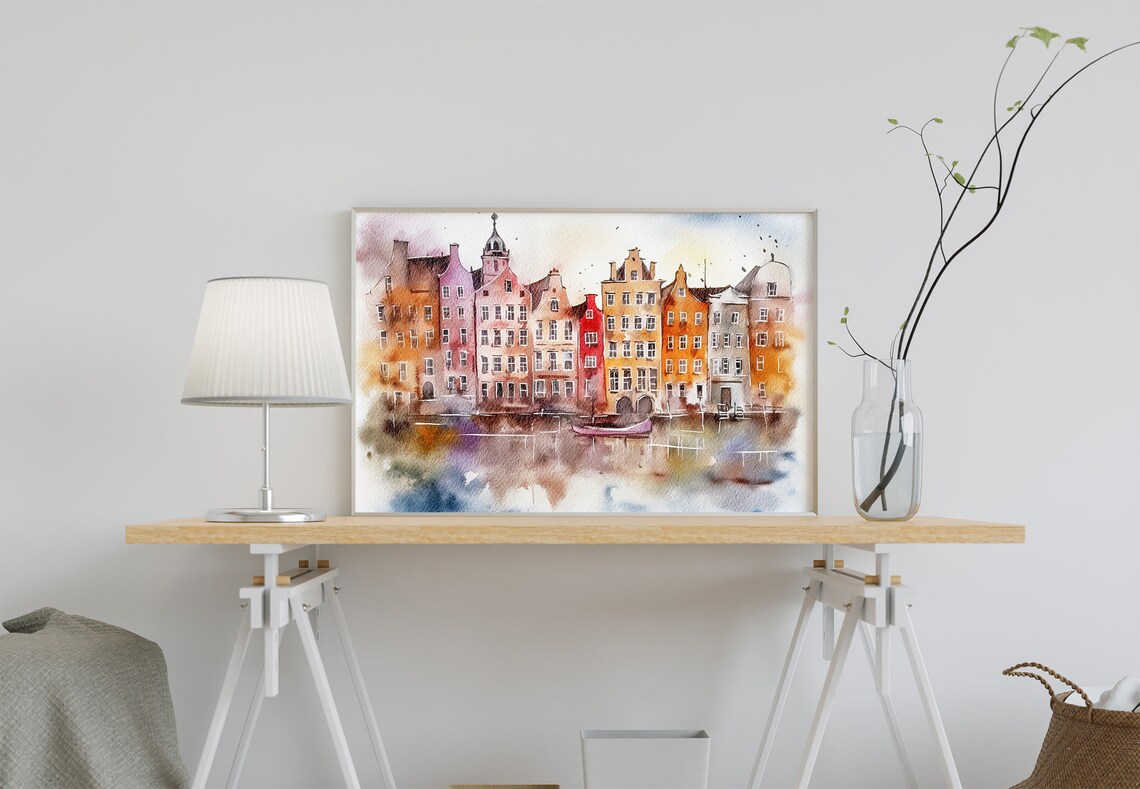 Amsterdam Cityscape Watercolor Travel Poster, Holland - Image 5